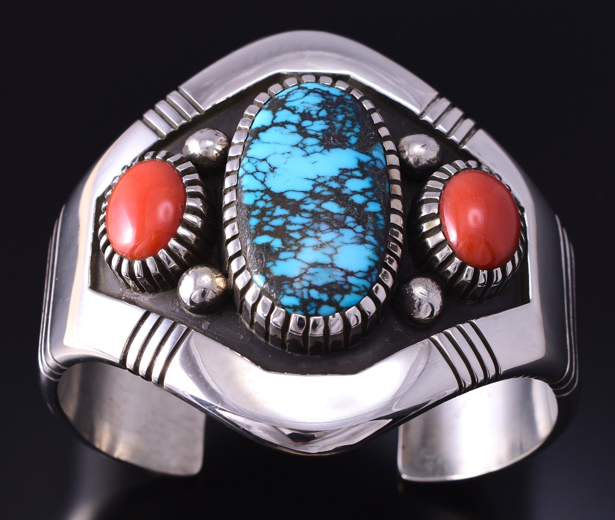 Silver & Hubei Turquoise Coral Navajo Shield Bracelet by Erick Begay 4H33F