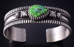 Silver & Carico Lake Turquoise Navajo Handmade Stars Bracelet by Erick Begay 5H03B
