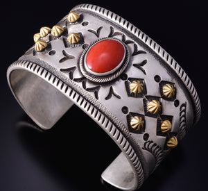 Silver & 22k Gold CROSS - w/ Mediterranean Coral Navajo Bracelet by Erick Begay 5H01B