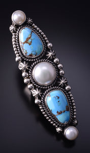 Size 8-3/4 Silver & Golden Hills Turquoise Pearl Navajo Ring - Erick Begay 5B25Z