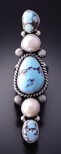 Size 8-3/4 Silver & Golden Hills Turquoise & Pearl Navajo Ring Erick Begay 4C01Q