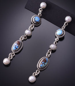 Silver & Golden Hills Turquoise w/ Fresh Pearl Navajo Earrings Erick Begay 4C01F