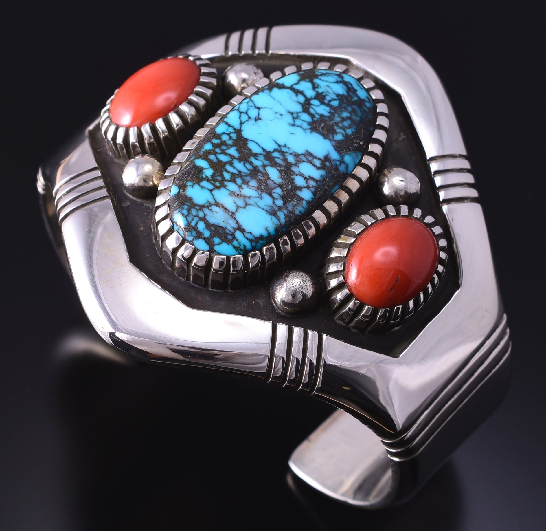 Silver & Hubei Turquoise Coral Navajo Shield Bracelet by Erick Begay 4H33F