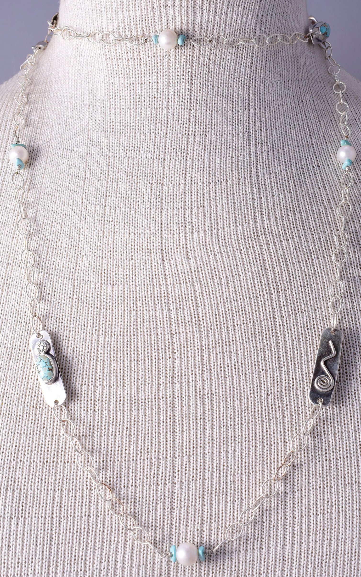 Silver & #8 Spiderweb Turquoise & Fresh Pearl Navajo Necklace Erick Begay 5H03T