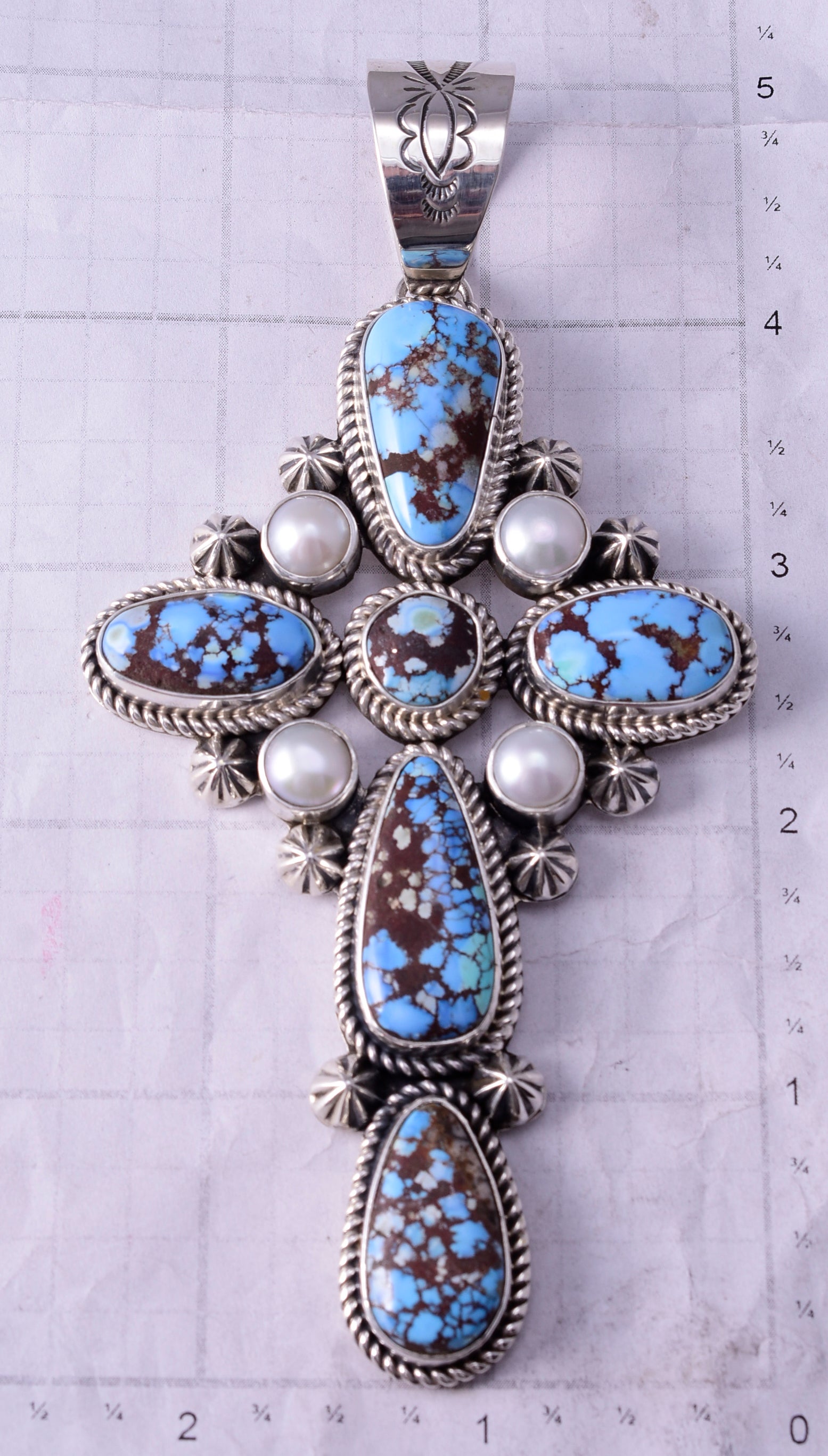 Silver & Golden Hills Turquoise Fresh Pearl Cross Pendant by Erick Begay 5B26Z