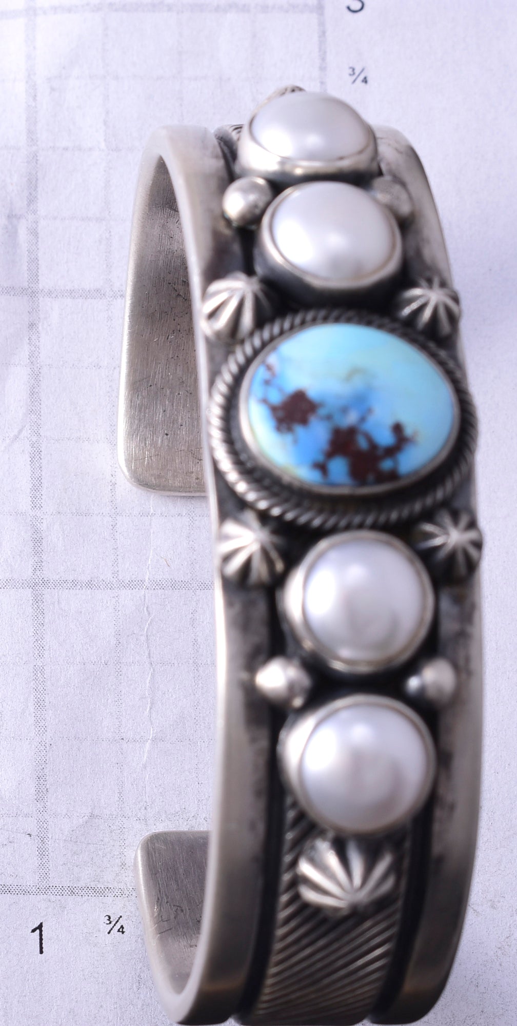 Silver & Golden Hills Turquoise Fresh Pearl Navajo Bracelet by Erick Begay 5F30Q