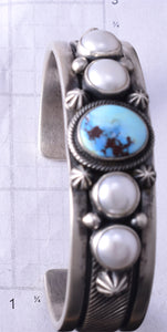 Silver & Golden Hills Turquoise Fresh Pearl Navajo Bracelet by Erick Begay 5F30Q