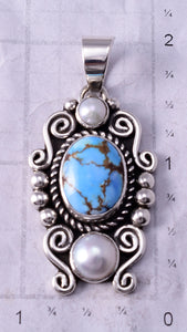 Silver & Golden Hills Turquoise Fresh Pearl Navajo Pendant by Erick Begay 5B26W