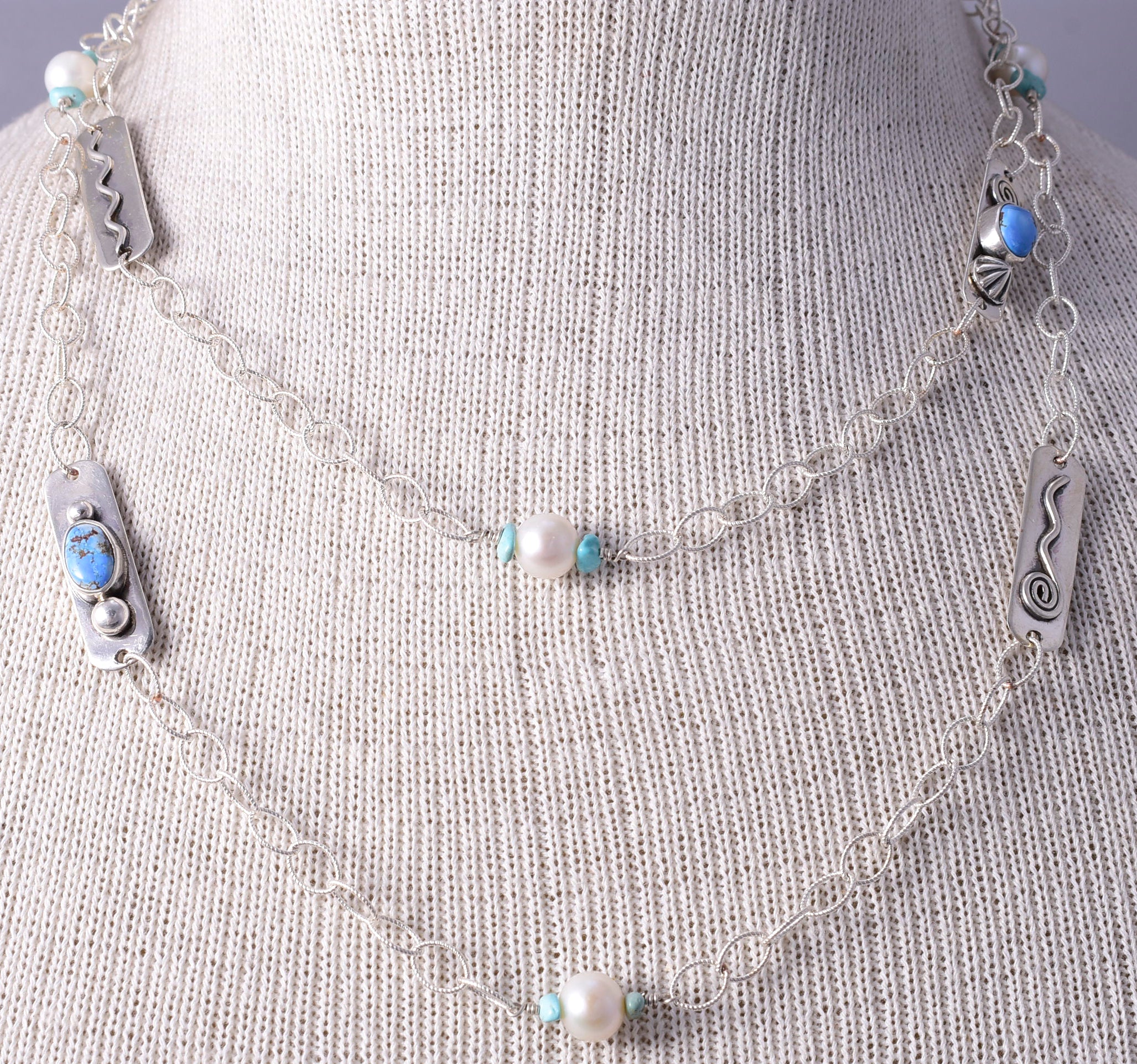 Silver & Golden Hills Turquoise Fresh Pearl Navajo Necklace by Erick Begay 5H03P