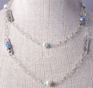 Silver & Golden Hills Turquoise Fresh Pearl Navajo Necklace by Erick Begay 5H03P