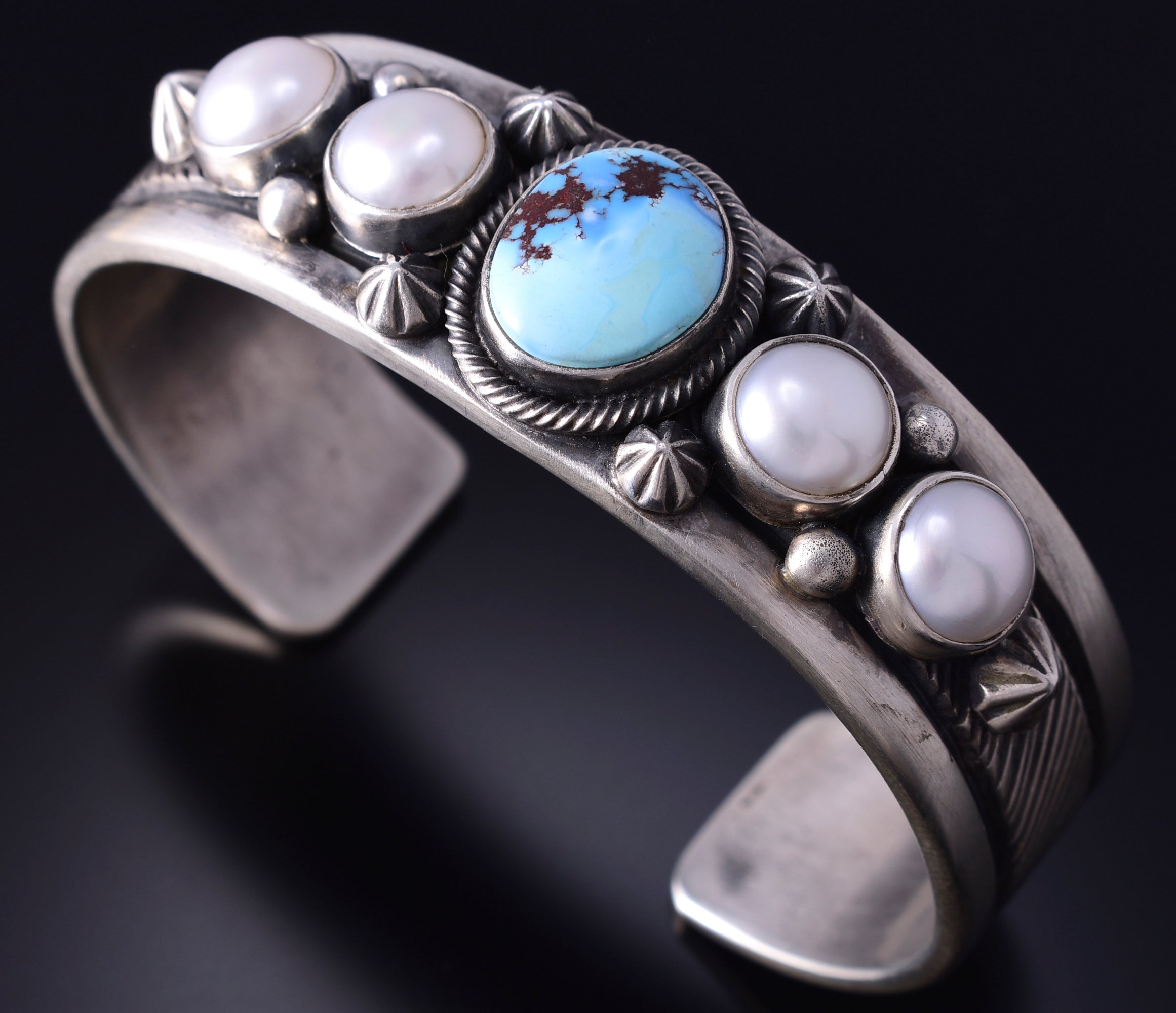 Silver & Golden Hills Turquoise Fresh Pearl Navajo Bracelet by Erick Begay 5F30Q