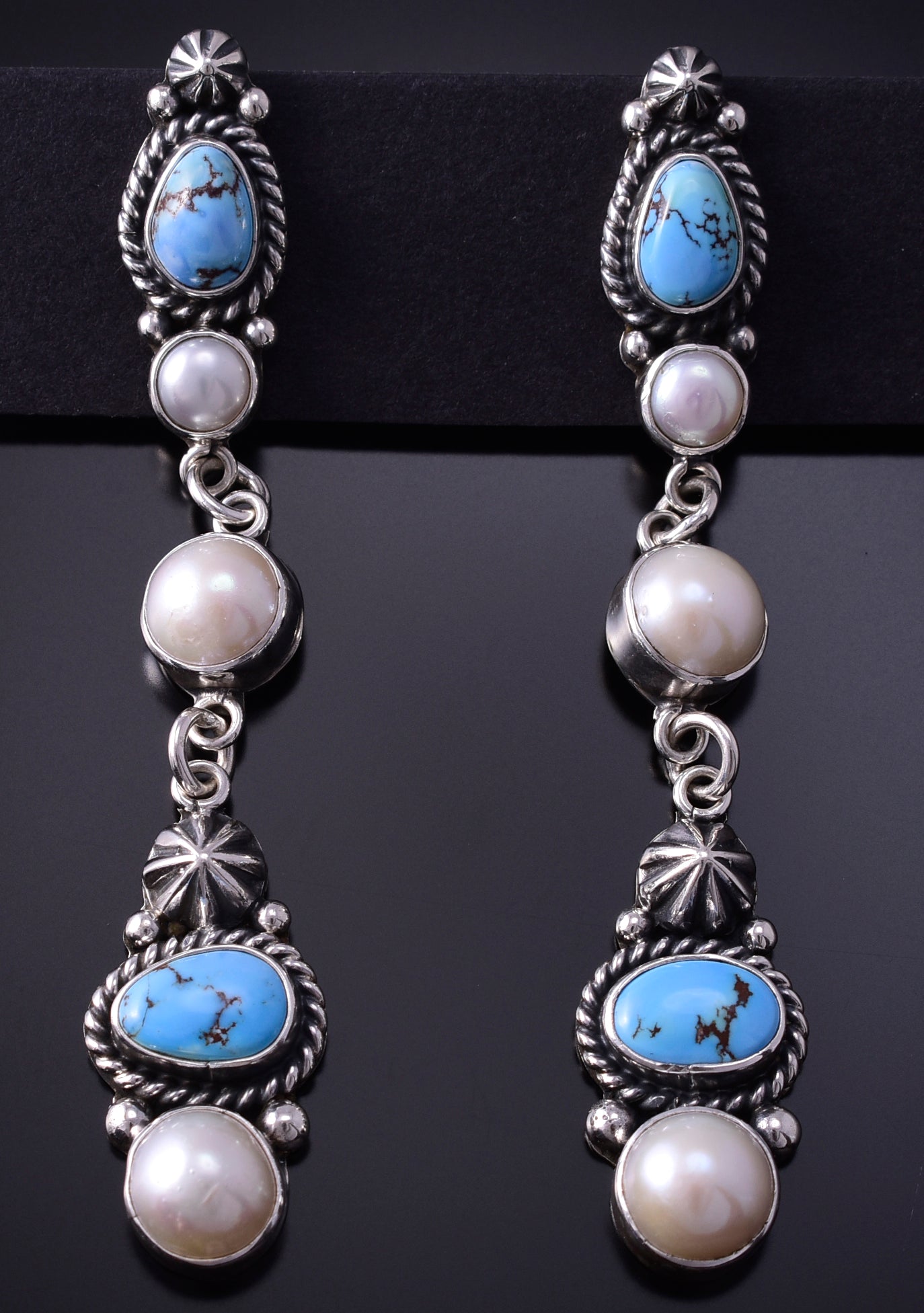 Silver & Golden Hills Turquoise Fresh Pearl Navajo Earrings by Erick Begay 5B25R