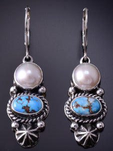 Silver & Golden Hills Turquoise Fresh Pearl Navajo Earrings by Erick Begay 5B25A