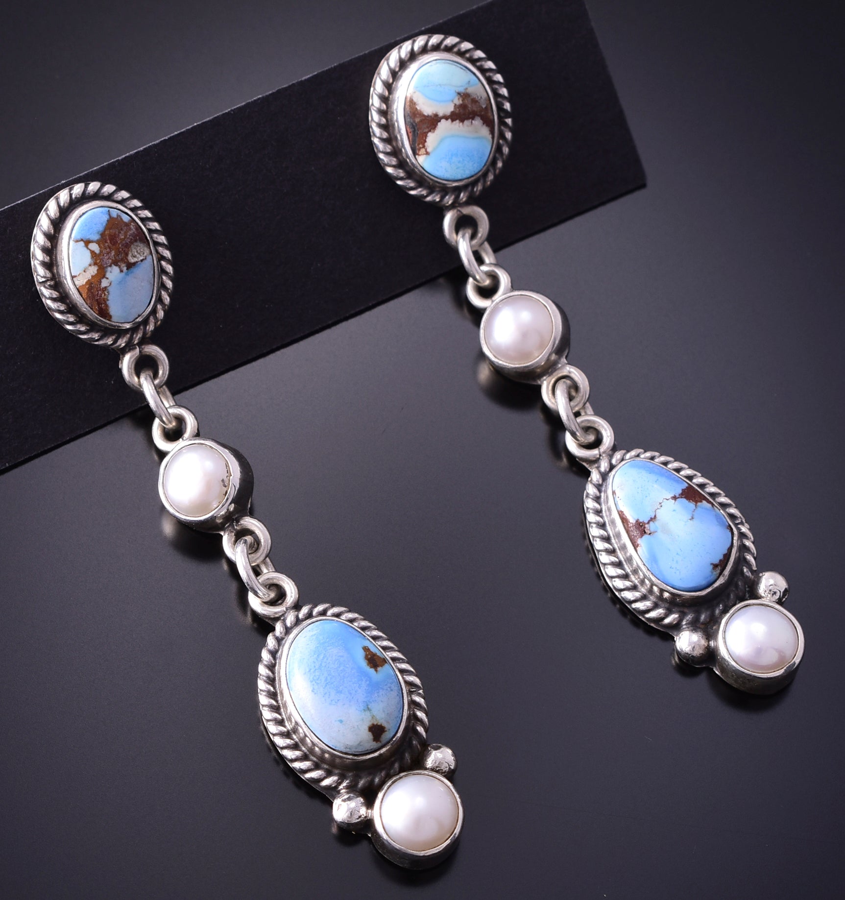 Silver & Golden Hills Turquoise w/ Fresh Pearl Navajo Earrings Erick Begay 4C01L