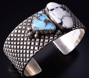 Silver & Golden Hills Turquoise /White Buffalo Navajo Bracelet Erick Begay 5H01D