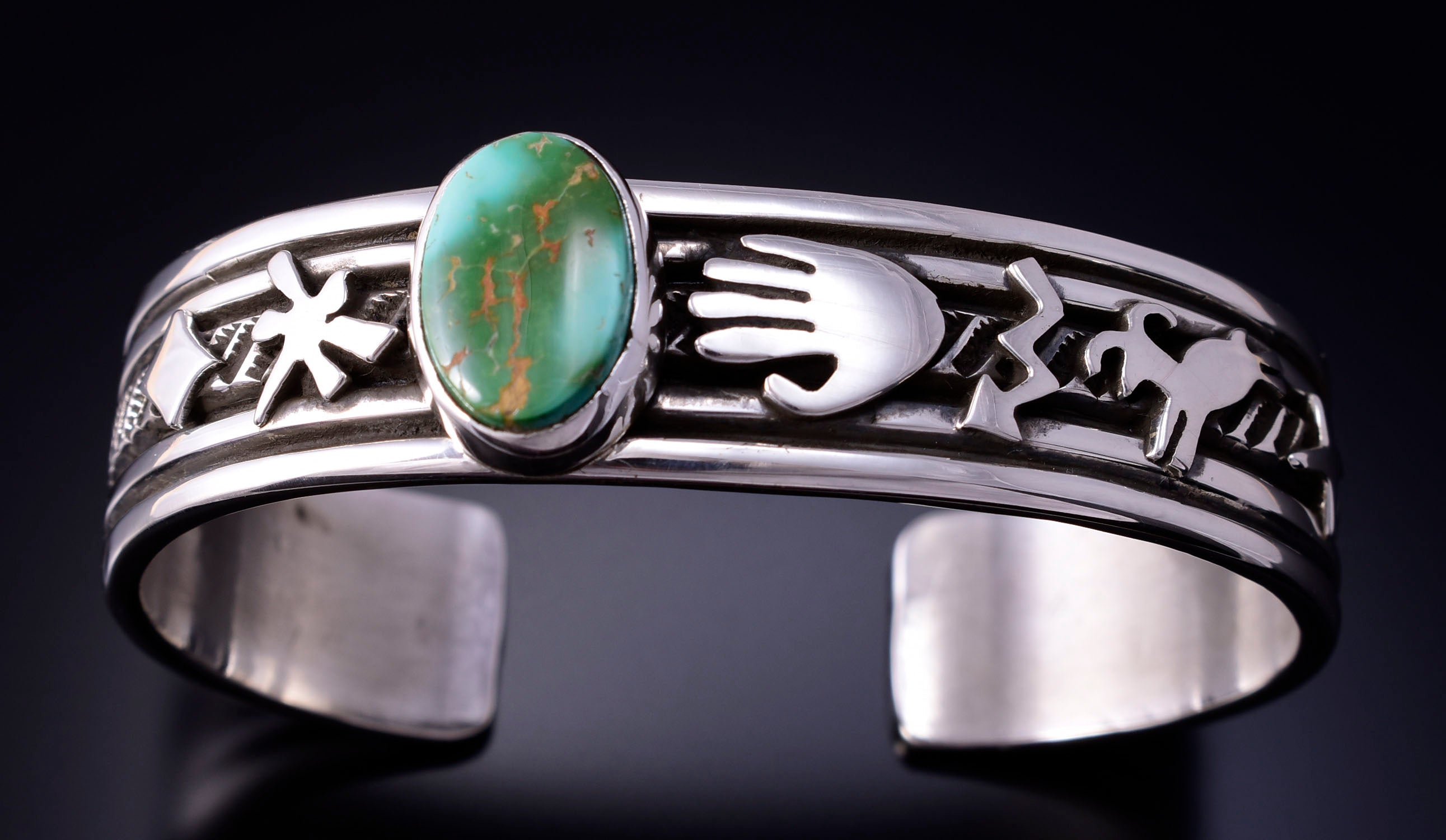 Silver & Sonoran Gold Turquoise Navajo Petroglyph Bracelet by Erick Begay 4H35G