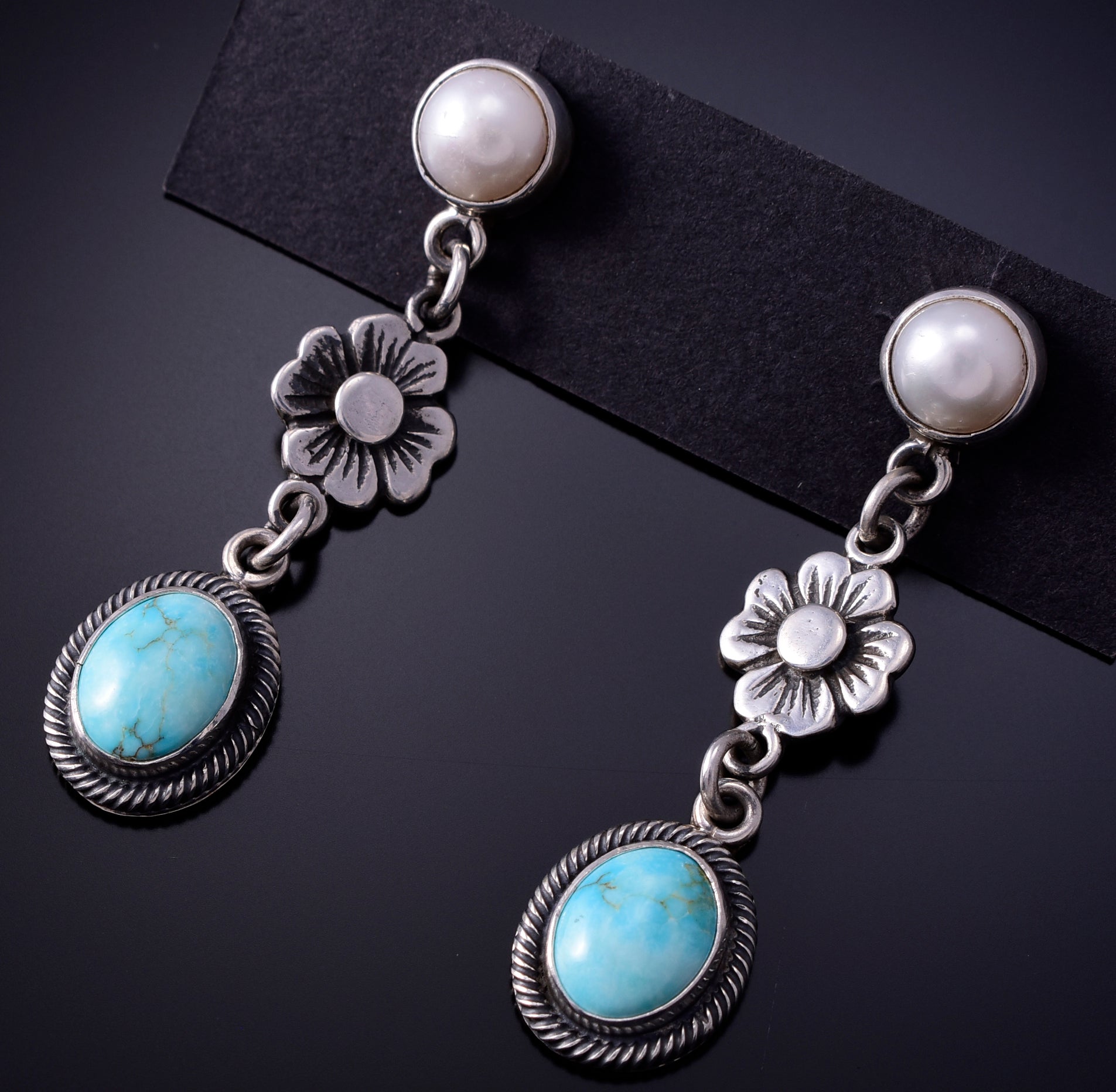 Silver & Turquoise w/ Fresh Water Pearl Flower Navajo Earrings Erick Begay 4L22E