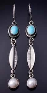 Silver & Turquoise Fresh Water Pearl Feather Navajo Earrings Erick Begay 4L22D