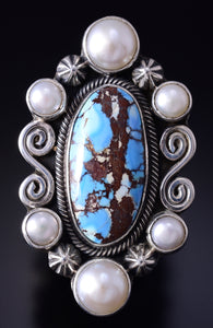 Sz 7.5 Silver & Golden Hills Turquoise Fresh Pearl Navajo Ring Erick Begay 5F30F