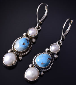 Silver & Golden Hills Turquoise Fresh Pearl Navajo Earrings by Erick Begay 5H02L