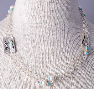 Silver & #8 Spiderweb Turquoise & Fresh Pearl Navajo Necklace Erick Begay 5H03T