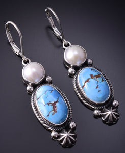 Silver & Golden Hills Turquoise Fresh Pearl Navajo Earrings by Erick Begay 5B25K