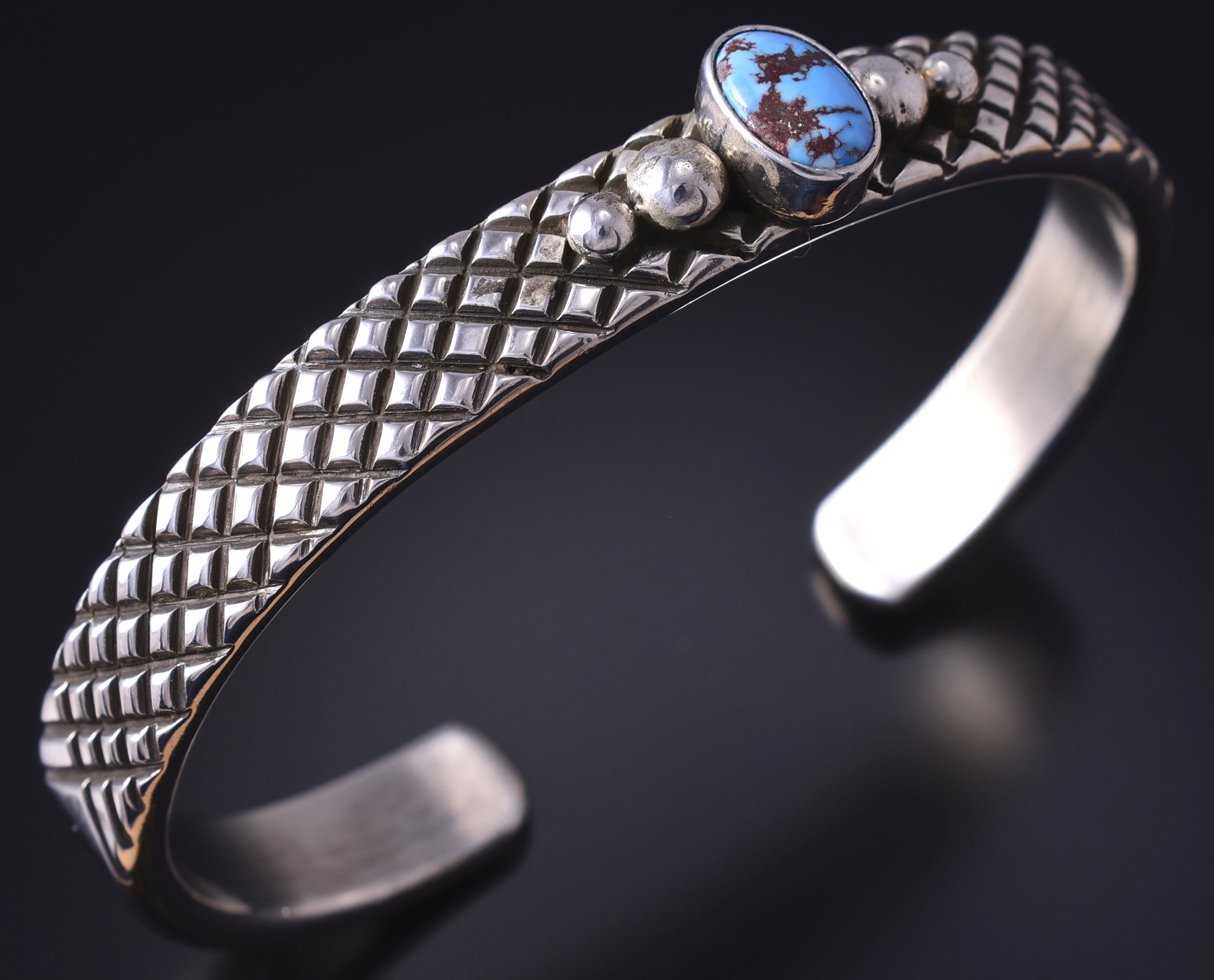 Silver & Golden Hills Turquoise Navajo Handstamped Bracelet by Erick Begay 5H02C