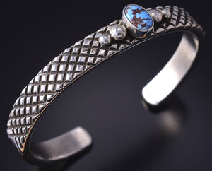 Silver & Golden Hills Turquoise Navajo Handstamped Bracelet by Erick Begay 5H02C