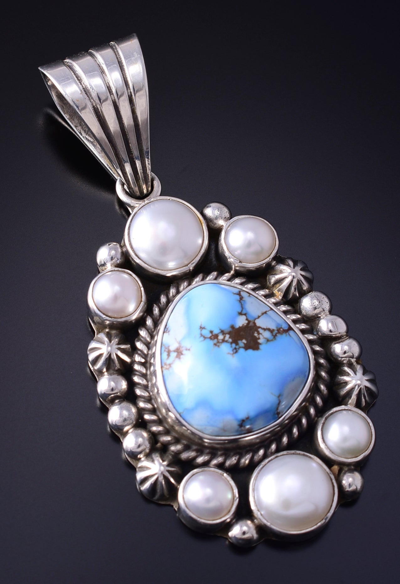 Silver & Golden Hills Turquoise Fresh Pearl Navajo Pendant by Erick Begay 5F30X