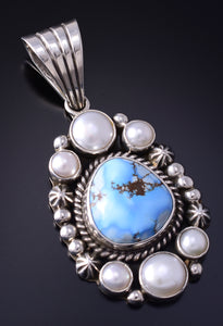 Silver & Golden Hills Turquoise Fresh Pearl Navajo Pendant by Erick Begay 5F30X