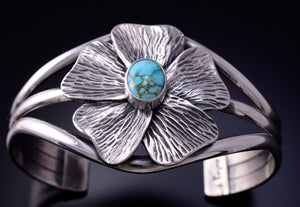 Silver & Kingman Turquoise Navajo Flower Bracelet by Erick Begay 4L22A