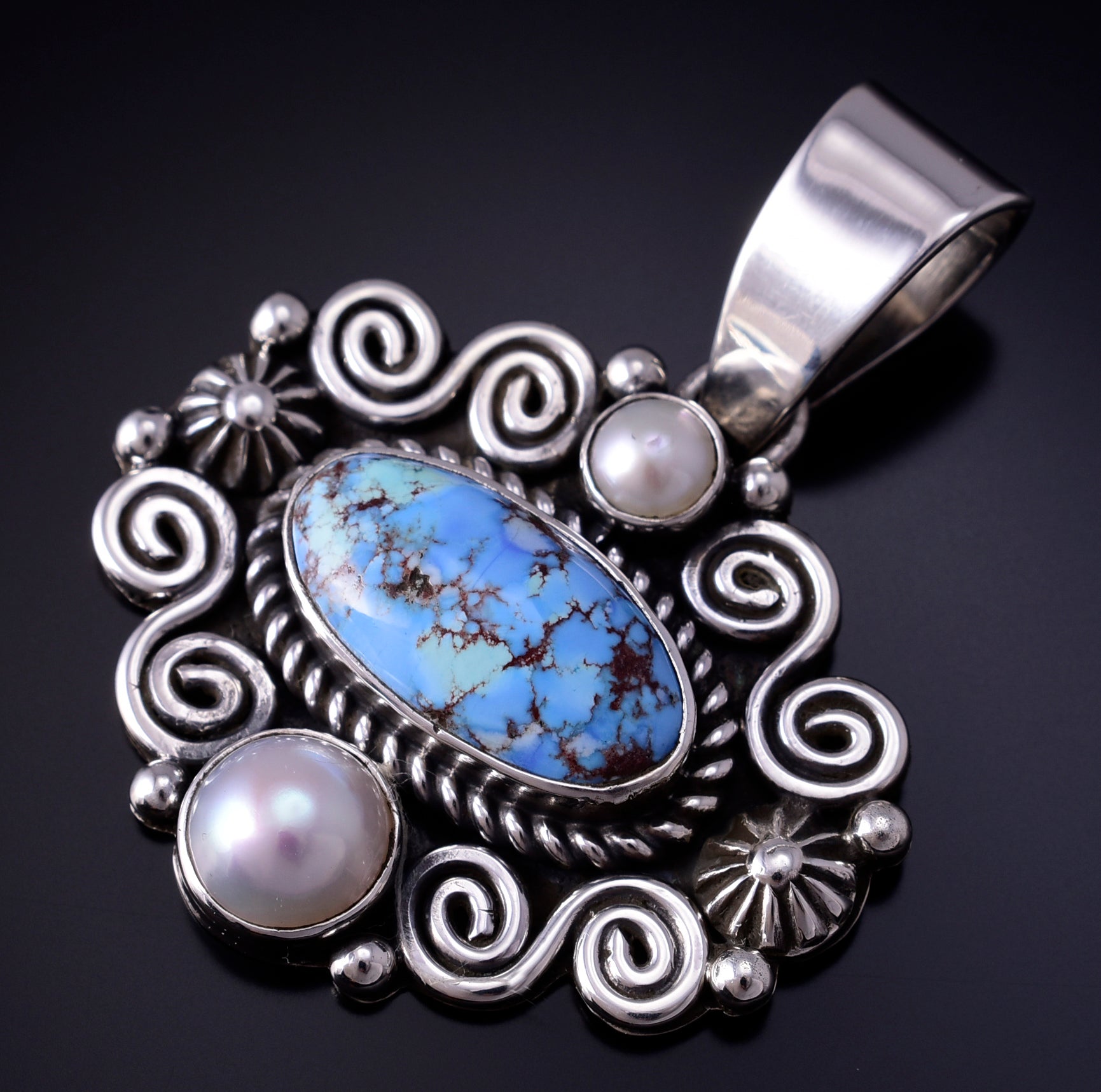 Silver & Golden Hills Turquoise Fresh Pearl Navajo Pendant by Erick Begay 5B26R