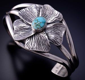 Silver & Kingman Turquoise Navajo Flower Bracelet by Erick Begay 4L22A