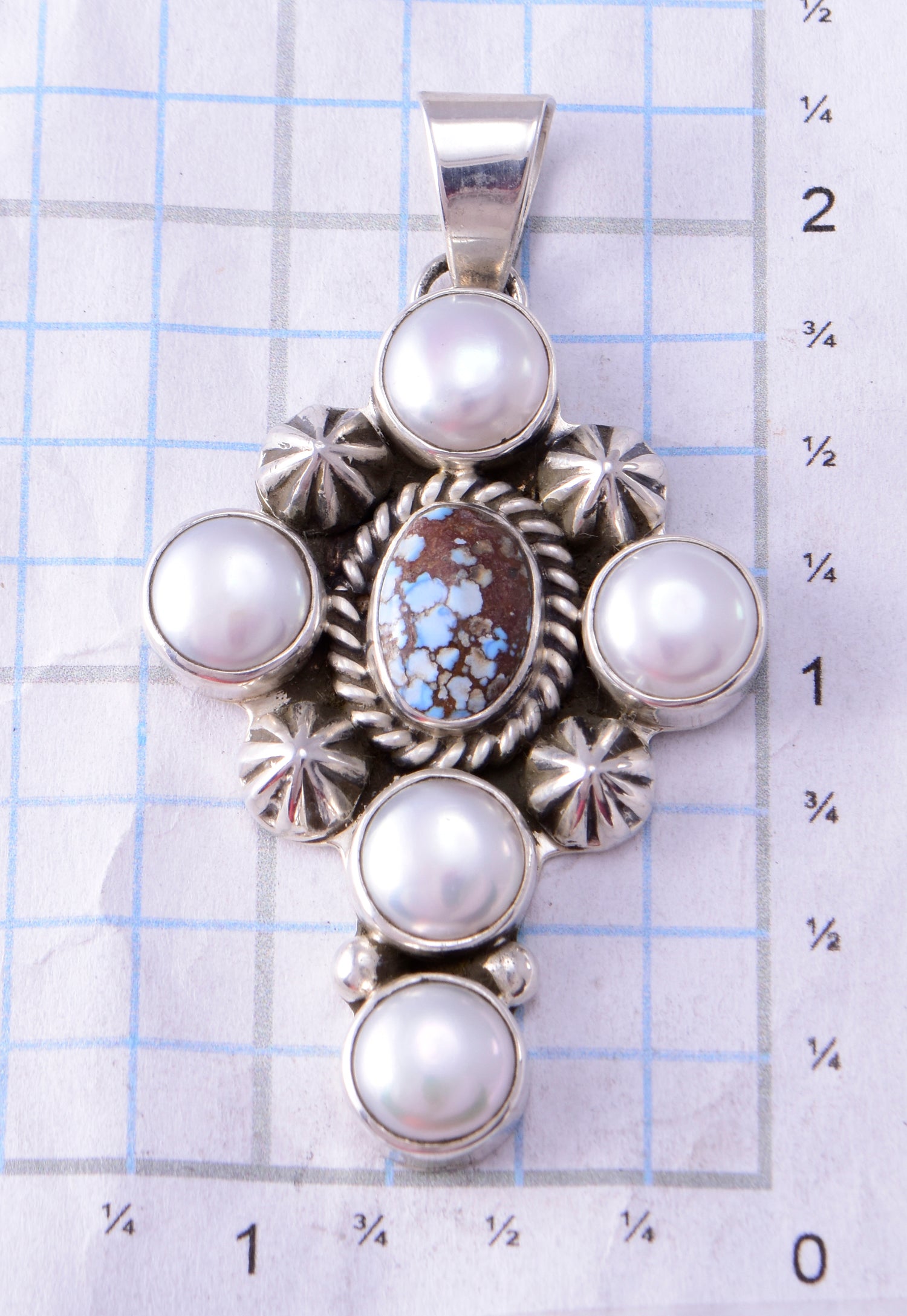 Silver & Golden Hills Turquoise - Freshwater Pearls Cross by Erick Begay 3C30Q
