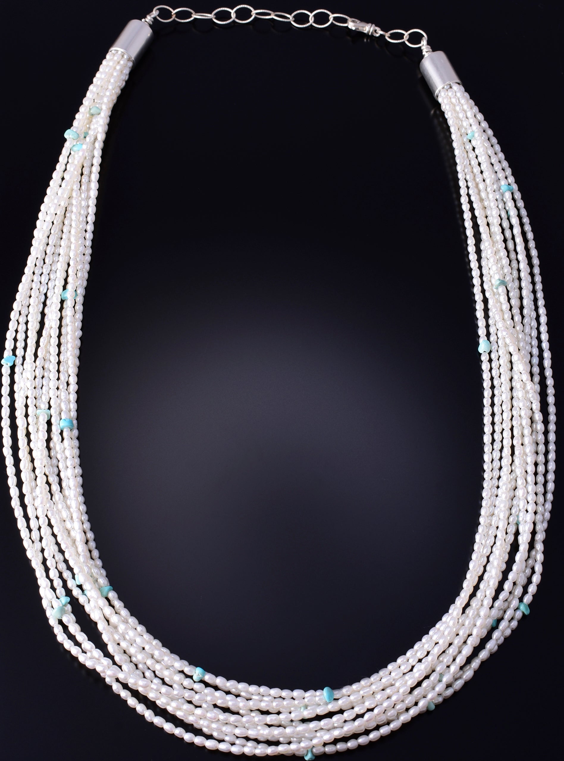11 Strand Fresh Water Pearl & Turquoise Navajo Necklace by Erick Begay 5H03G