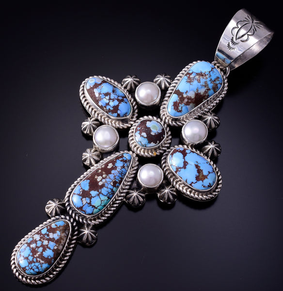 Silver & Golden Hills Turquoise Fresh Pearl Cross Pendant by Erick
