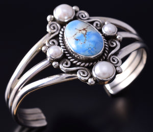 Silver & Golden Hills Turquoise Fresh Pearl Navajo Bracelet by Erick Begay 5F30S
