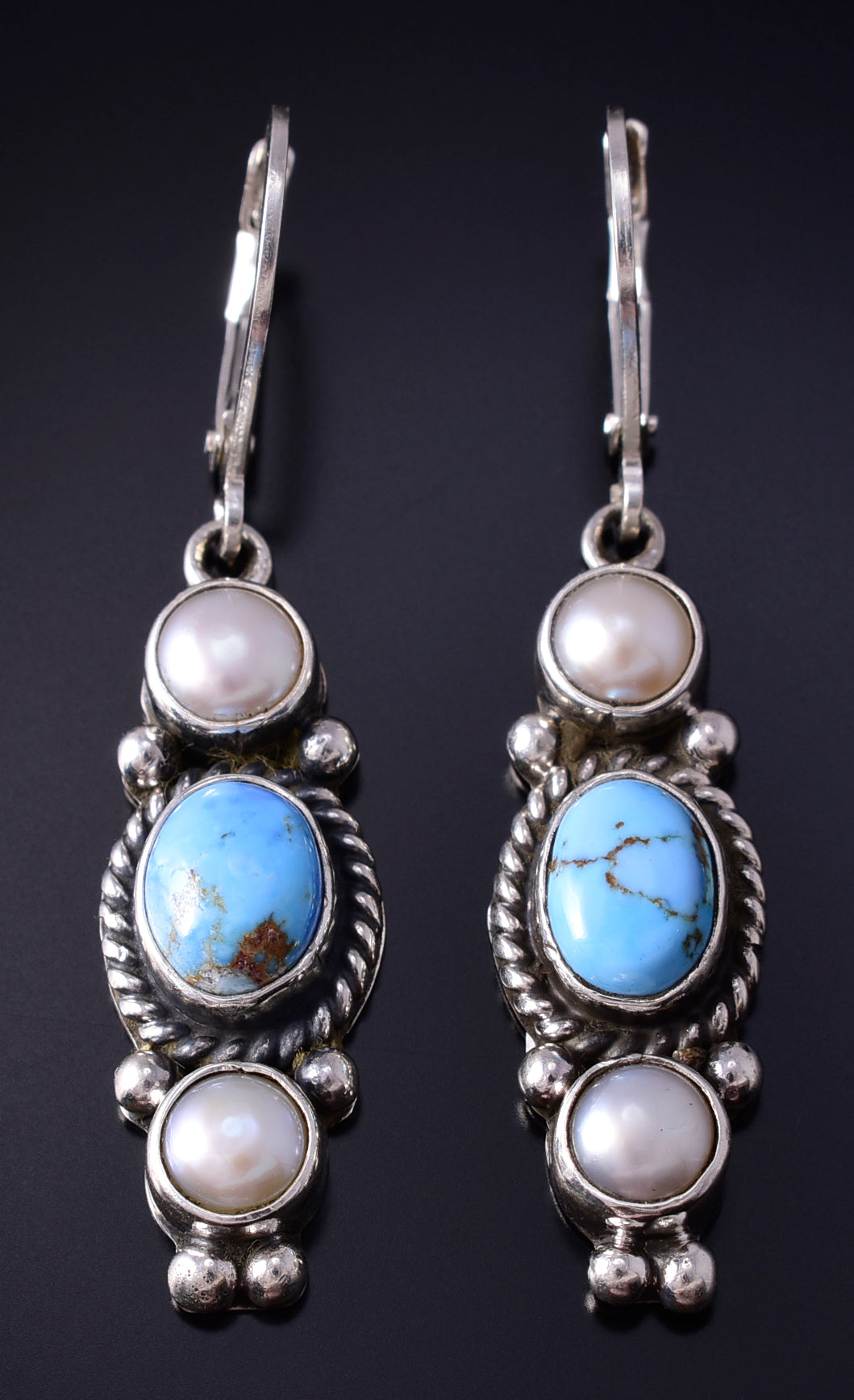 Silver & Golden Hills Turquoise Fresh Pearl Navajo Earrings by Erick Begay 5H02O