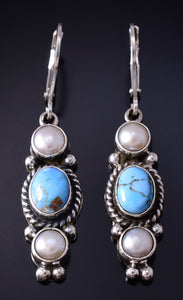 Silver & Golden Hills Turquoise Fresh Pearl Navajo Earrings by Erick Begay 5H02O