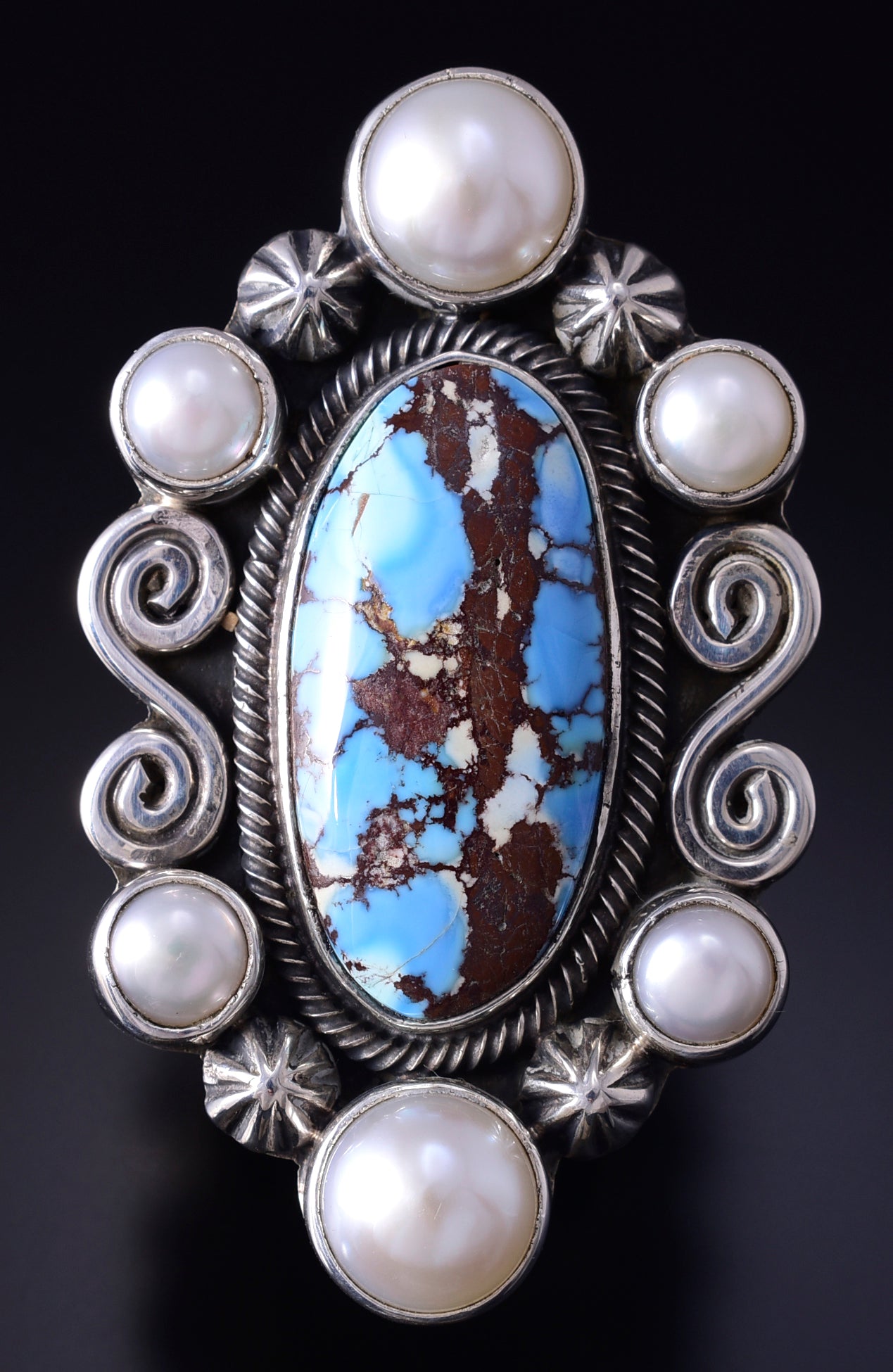 Sz 7.5 Silver & Golden Hills Turquoise Fresh Pearl Navajo Ring Erick Begay 5F30F