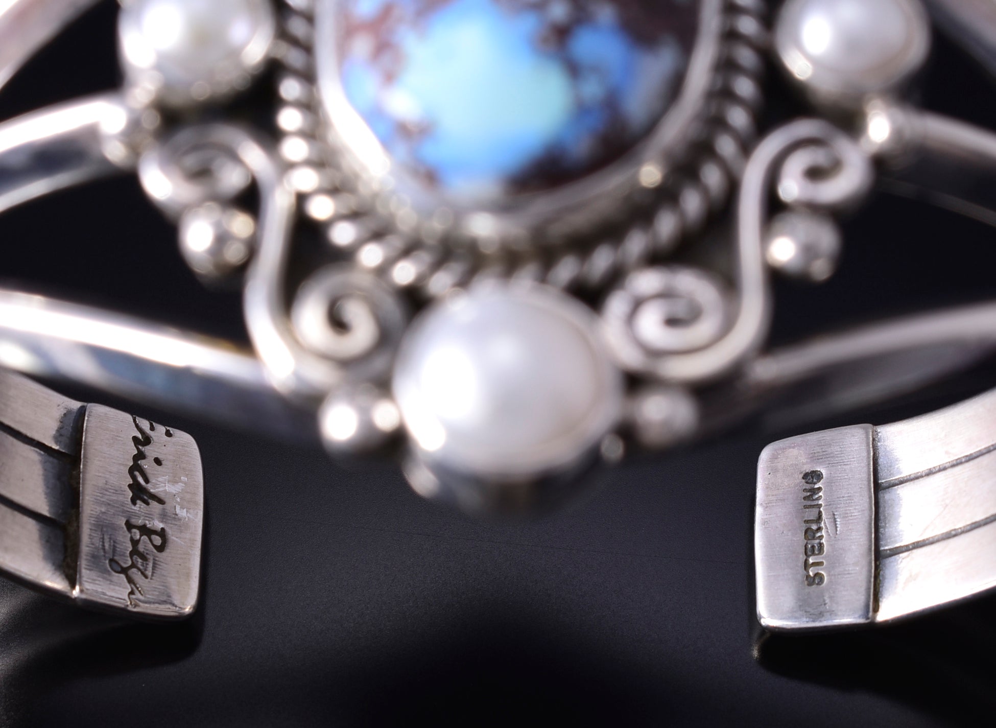 Silver & Golden Hills Turquoise Fresh Pearl Navajo Bracelet by Erick Begay 5F30E