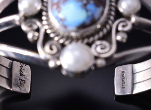 Silver & Golden Hills Turquoise Fresh Pearl Navajo Bracelet by Erick Begay 5F30E