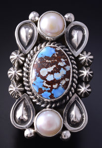 Size 8 Silver & Golden Hills Turquoise Fresh Pearl Navajo Ring Erick Begay 5H03K