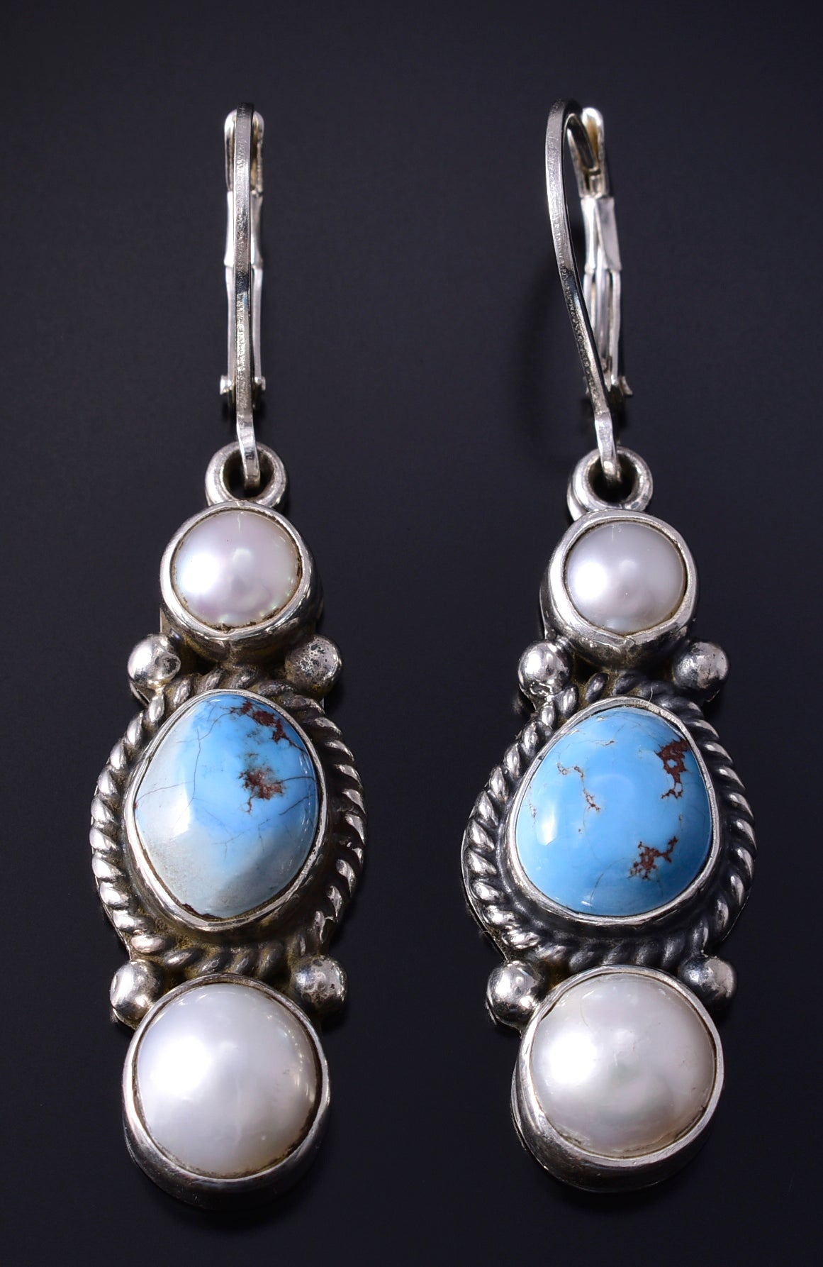 Silver & Golden Hills Turquoise Fresh Pearl Navajo Earrings by Erick Begay 5H02L