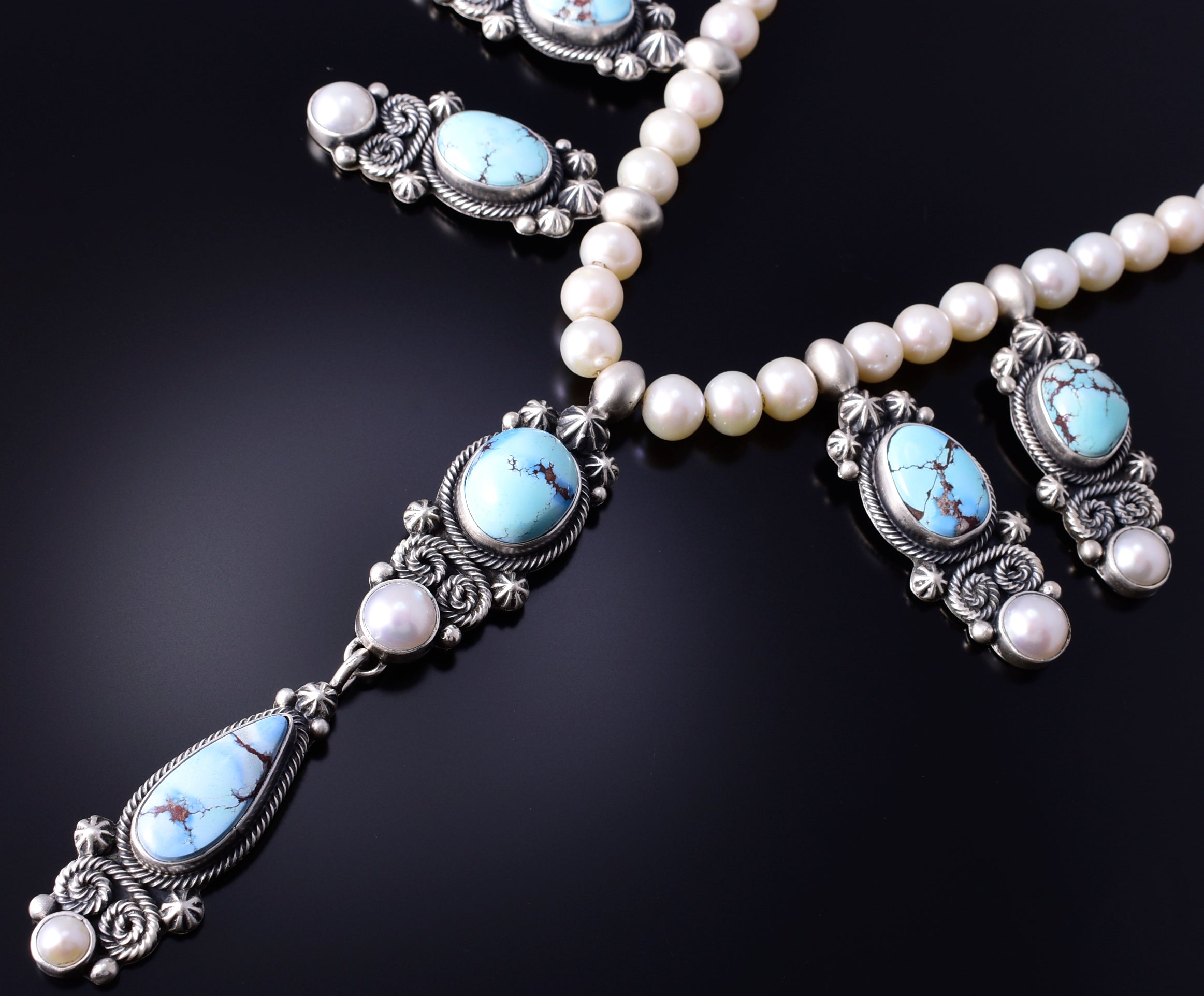 Silver & Golden Hills Turquoise Fresh Pearl Navajo Necklace by Erick Begay 5H03X
