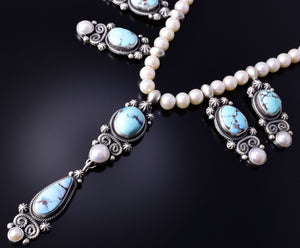 Silver & Golden Hills Turquoise Fresh Pearl Navajo Necklace by Erick Begay 5H03X