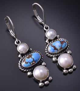 Silver & Golden Hills Turquoise Fresh Pearl Navajo Earrings by Erick Begay 5B25F