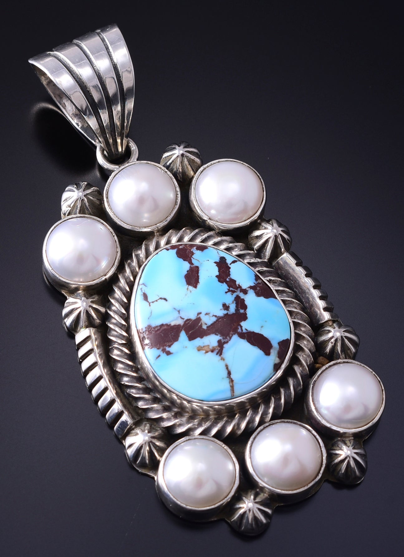 Silver & Golden Hills Turquoise Fresh Pearl Navajo Pendant by Erick Begay 5F30V
