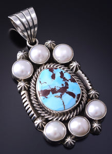 Silver & Golden Hills Turquoise Fresh Pearl Navajo Pendant by Erick Begay 5F30V