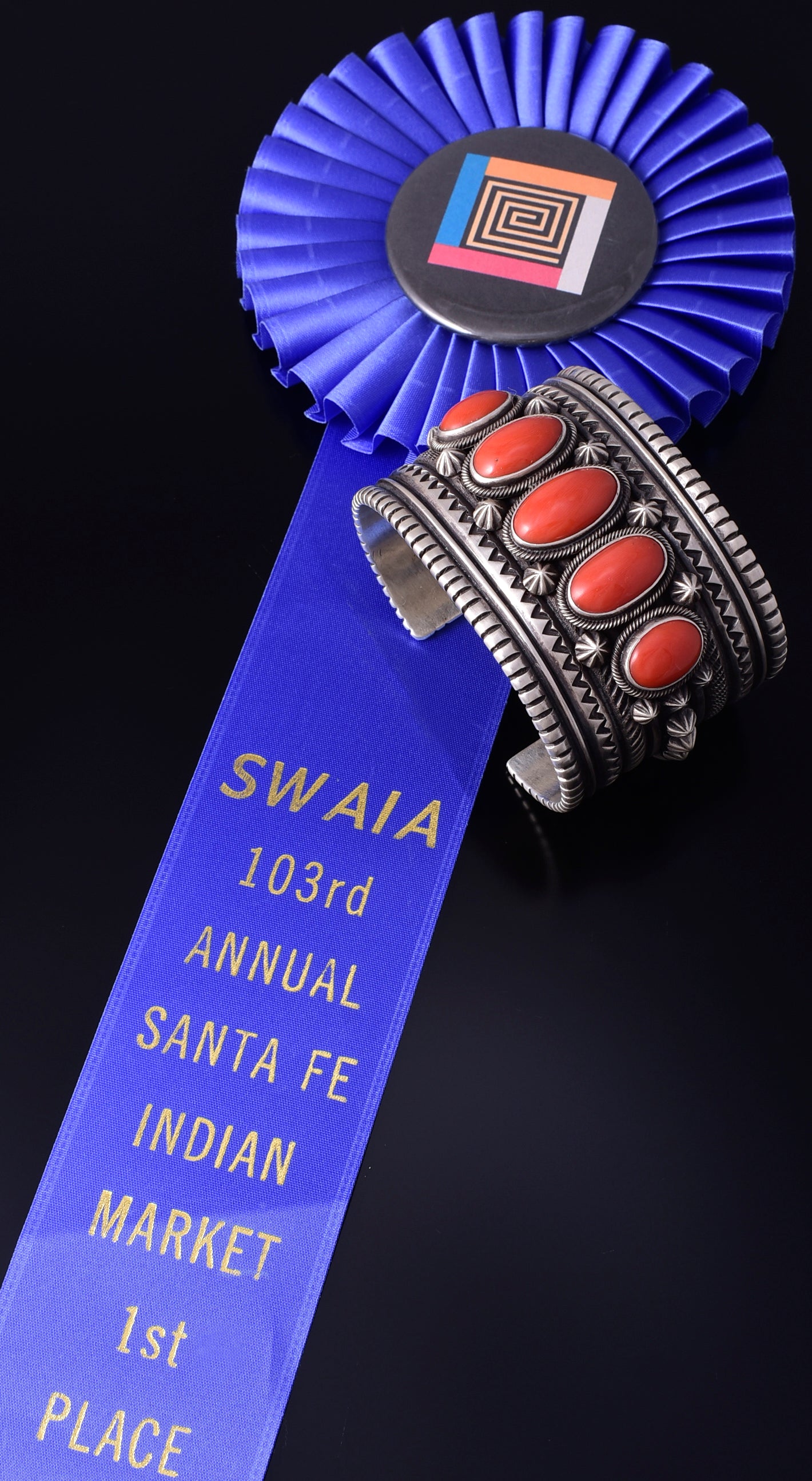 AWARD WINNING Silver & Coral Row Navajo Handmade Bracelet by Erick Begay 5H01A
